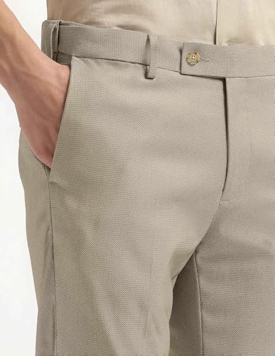 Arrow men's regular fit textured formal trousers shown with front pockets and belt loops, in a classic tailored style.