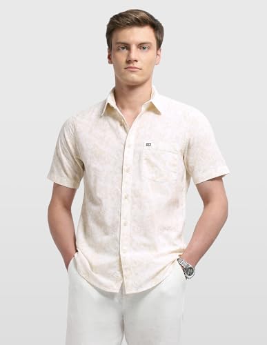 Arrow Sport men's floral printed casual shirt in sage and sun colors, with a relaxed fit and button-down collar.
