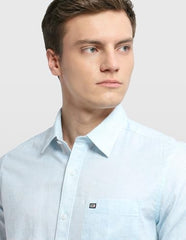 Arrow Sport Men's sage and sun-colored slim fit Chelsea casual shirt, detailed fabric texture and classic collar design.