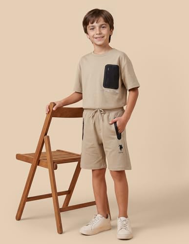 USPA Kids Boys Mid Rise Regular Fit Shorts (UKSRT0482_Beige_8-9 Y)