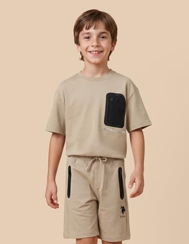 USPA Kids Boys Mid Rise Regular Fit Shorts (UKSRT0482_Beige_8-9 Y)