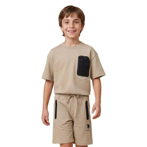 USPA Kids Boys Mid Rise Regular Fit Shorts (UKSRT0482_Beige_8-9 Y)