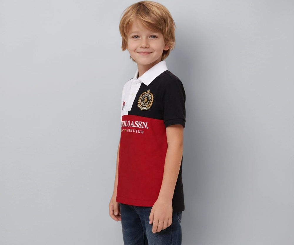 U.S.Polo Kids boys colorblock embroidered regular fit polo shirt in dark red for ages 8-9, with collar and short sleeves.