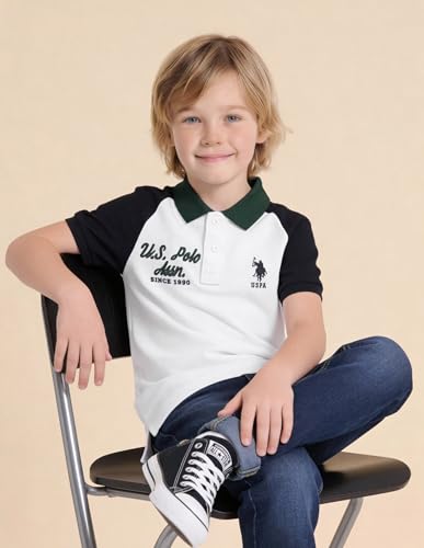 USPA Kids Boys Colour Block Regular Fit Polo Shirt (UKTSH2304_White_9-10Y)