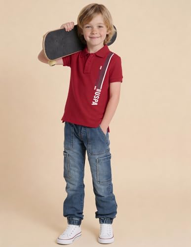 USPA Kids Boys Textured Brand Stripe Regular Fit Polo Shirt (UKTSH2325_Red_11-12 Years)