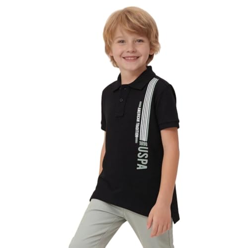 USPA Kids Boys Textured Brand Stripe Regular Fit Polo Shirt (UKTSH2326_Black_12 Months)