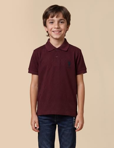 USPA Kids Boys Geometric Self Design Regular Fit Polo Shirt (UKTSH2379_Dark Red_13-14 Y)
