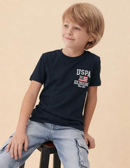 USPA Kids Boys Brand Embroidered Regular Fit T-Shirt (UKTSH2510_Navy_13-14 Years)