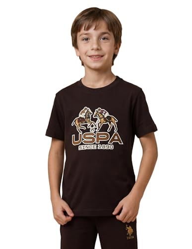 USPA Kids Boys Graphic Brand Printed Regular Fit T-Shirt (UKTSH2555_Dark Brown_8-9 Y)