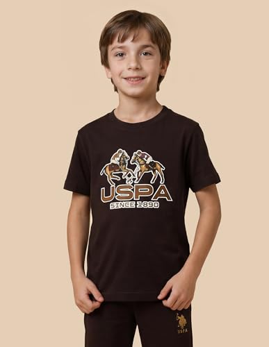 USPA Kids Boys Graphic Brand Printed Regular Fit T-Shirt (UKTSH2555_Dark Brown_8-9 Y)