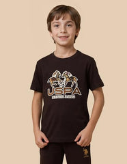USPA Kids Boys Graphic Brand Printed Regular Fit T-Shirt (UKTSH2555_Dark Brown_8-9 Y)
