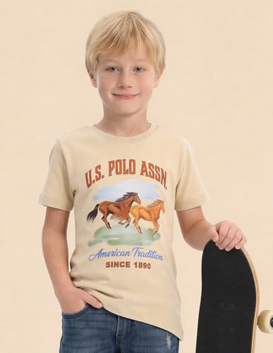 USPA Kids Boys Graphic Brand Printed T-Shirt (UKTSH2559_Beige_6-7 Years)