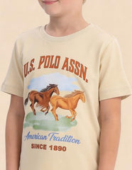 USPA Kids Boys Graphic Brand Printed T-Shirt (UKTSH2559_Beige_6-7 Years)