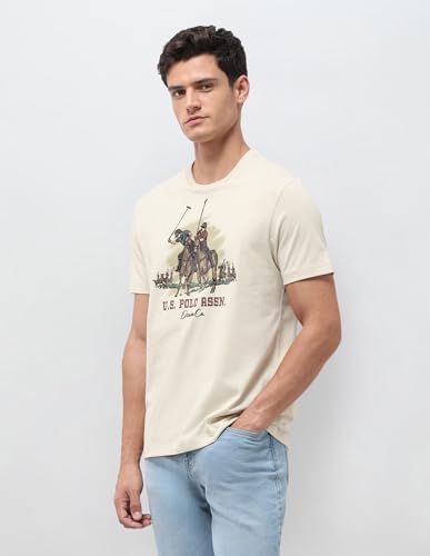 U.S. Polo Assn. Denim Co. Men's Graphic Brand Printed Slim Fit T-Shirt (UDTSH4021_Beige_L)