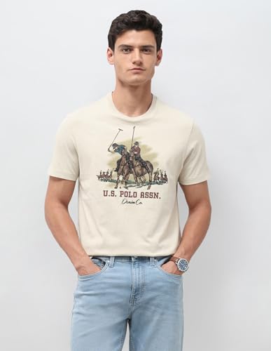 U.S. Polo Assn. Denim Co. Men's Graphic Brand Printed Slim Fit T-Shirt (UDTSH4021_Beige_L)