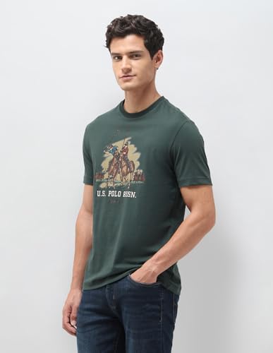 U.S. Polo Assn. Men's olive green graphic slim fit T-shirt with brand logo print, short sleeves, and crew neckline.