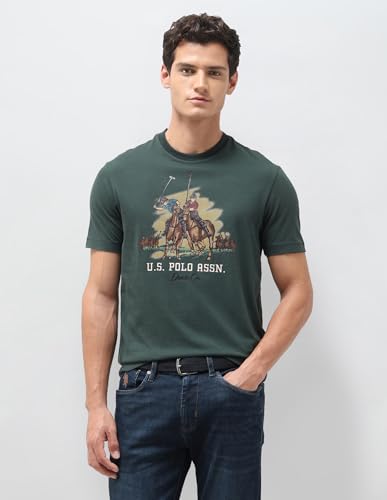 U.S. Polo Assn. men's olive green graphic printed slim fit T-shirt with brand logo, short sleeves, and crew neckline.