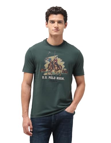 U.S. Polo Assn. Denim Co. men's olive green graphic slim fit T-shirt with brand logo print, long sleeve, casual style.