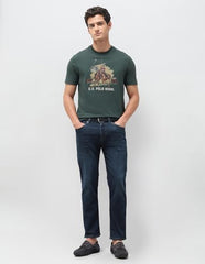 Olive green U.S. Polo Assn. men's graphic slim fit long sleeve T-shirt with printed brand logo and design, casual style.