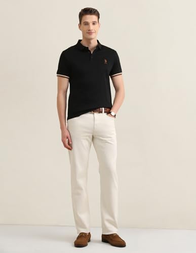 U.S.Polo Association men's self-design vertical striped Sotogrande polo shirt, long-sleeve T-shirt, front view.