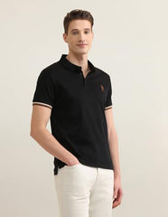 U.S. Polo Association men's self-design vertical striped Sotogrande polo shirt in white and navy with a classic collar.