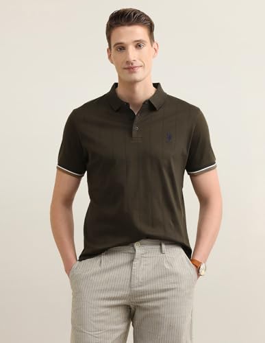 U.S. Polo men's Sotogrande polo shirt with vertical self-design stripes, long-sleeve T-shirt in black and white.