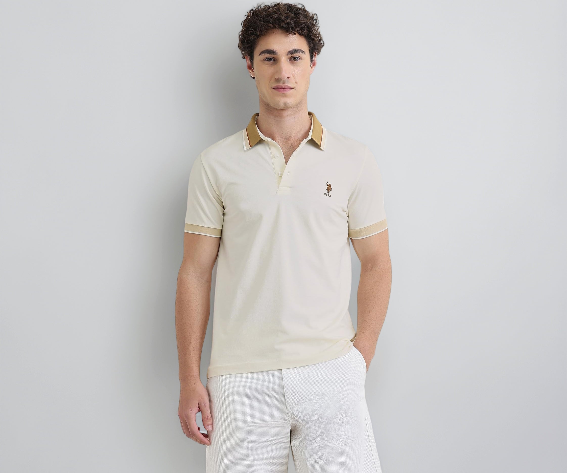 U.S.Polo Association Men's Solid Slim Fit Polo Shirt (USTSH3407_Beige_L)
