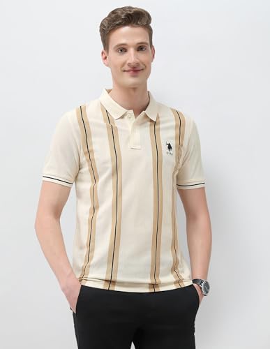 U.S. Polo Association men's vertical striped Sotogrande slim fit polo shirt, long sleeve, classic collar, in white and navy colors.