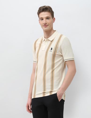 U.S. Polo Association men's vertical striped Sotogrande slim fit polo shirt in classic style, short sleeve, with a collar and button placket.