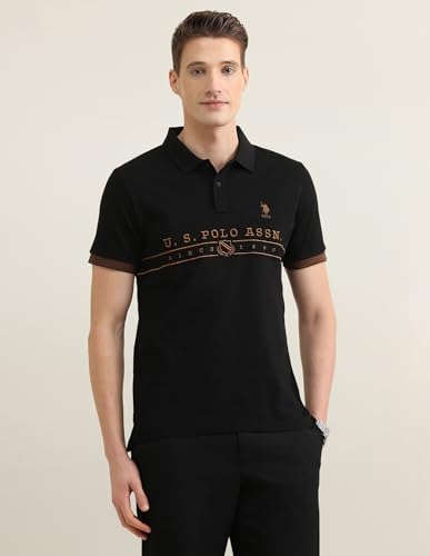 U.S.Polo Association men's embroidered Sotogrande polo shirt, long-sleeve white T-shirt with polo logo, close-up of chest embroidery.