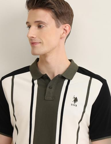 U.S.Polo Association men's vertical striped colorblocked Sotogrande polo shirt in white, navy, and red with a classic collar and short sleeves.