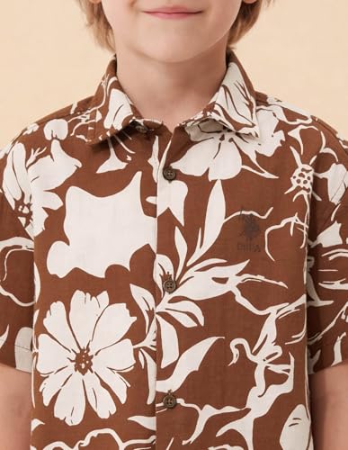 U.S.Polo boys floral printed boxy fit shirt with short sleeves, featuring a vibrant floral pattern, perfect for kids.