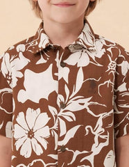 U.S.Polo boys floral printed boxy fit shirt with short sleeves, featuring a vibrant floral pattern, perfect for kids.