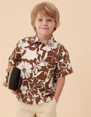 U.S.Polo boys floral printed boxy fit shirt, long sleeve shirt for kids, featuring colorful floral pattern and casual style.