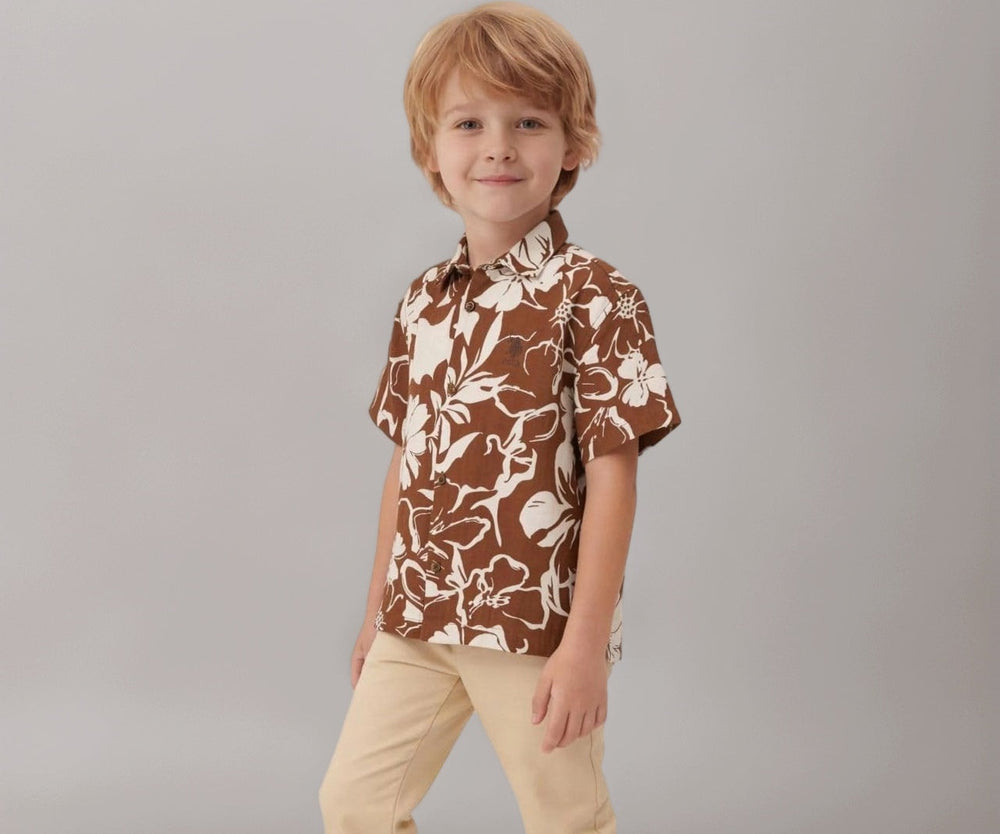 U.S.Polo boys floral printed boxy fit shirt for kids, short sleeve design with colorful floral pattern, casual boys' shirt.