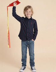 USPA Kids Boys Vertical Striped Twill Shirt (UKSHT1893_Indigo_2-3 Y)