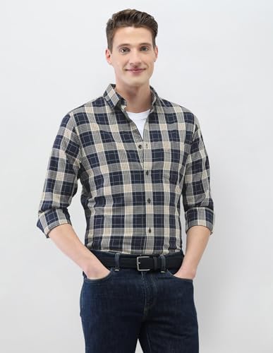 U.S.Polo Association men's New Port Marina regular fit casual shirt in navy with button-down collar and long sleeves, front view.