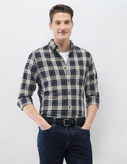 U.S.Polo Association men's New Port Marina regular fit casual shirt in navy with button-down collar and long sleeves, front view.