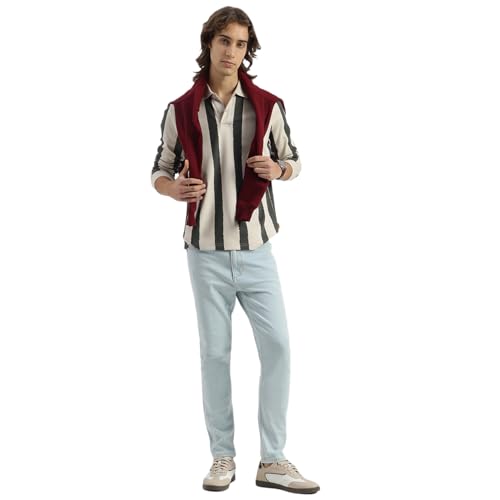 United Colors of Benetton Relaxed Fit Polo Neck Striped Brush Stroke T-Shirt (Size: XXL)-25A3E58J3849I902 Blue