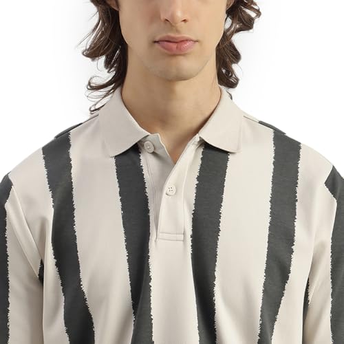 United Colors of Benetton Relaxed Fit Polo Neck Striped Brush Stroke T-Shirt (Size: XXL)-25A3E58J3849I902 Blue