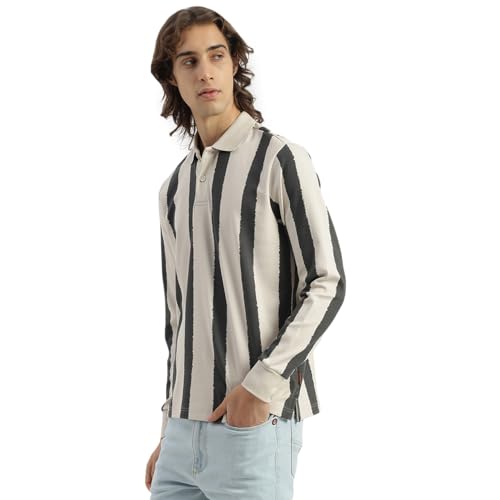 United Colors of Benetton Relaxed Fit Polo Neck Striped Brush Stroke T-Shirt (Size: XXL)-25A3E58J3849I902 Blue