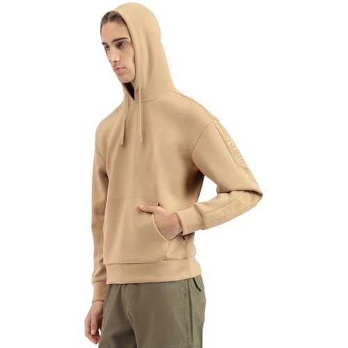 United Colors of Benetton Boxy Fit Hooded Neck Embossed Tape Scuba Sweatshirt -25A3P19J3072IMK1 (Size : 2XL) Beige