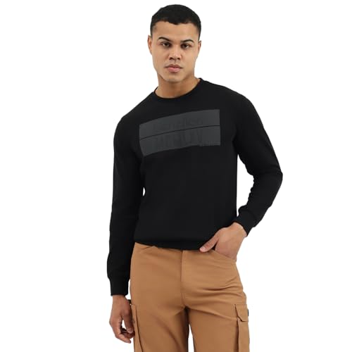 United Colors of Benetton Regular Fit Crew Neck Solid Tex Transfer Interlock Sweatshirt (Size: XXL)-25A3E59J3074I100 Black