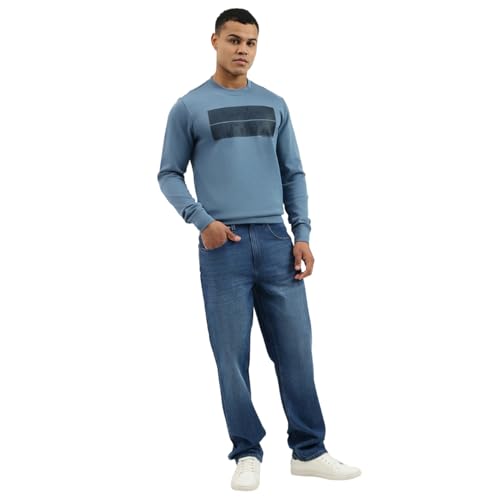 United Colors of Benetton Regular Fit Crew Neck Solid Tex Transfer Interlock Sweatshirt (Size: 3XL)-25A3E59J3074IDB1 Blue