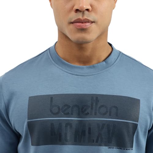 United Colors of Benetton Regular Fit Crew Neck Solid Tex Transfer Interlock Sweatshirt (Size: 3XL)-25A3E59J3074IDB1 Blue