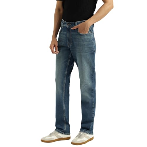 United Colors of Benetton washed straight fit men's jeans, showing light blue denim with subtle fading and classic five-pocket design.