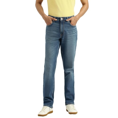 United Colors of Benetton washed straight fit men's jeans, showing the light-washed denim fabric and classic five-pocket design.