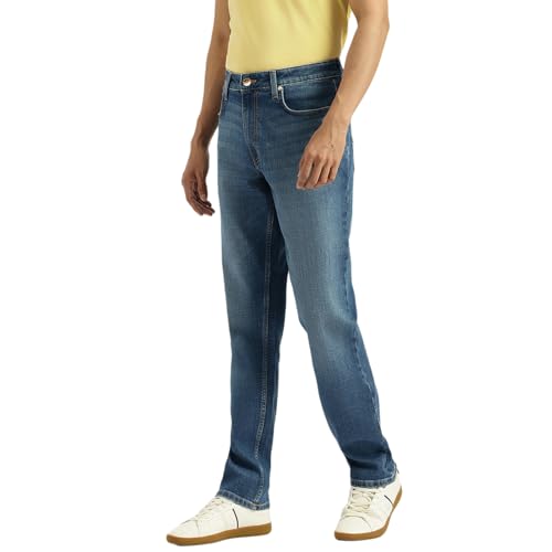 United Colors of Benetton men's washed straight fit jeans displayed on a model, showcasing classic denim style and fit.