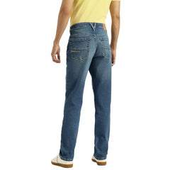 United Colors of Benetton washed straight fit men's jeans displayed on a hanger, showcasing the denim's texture and classic style.