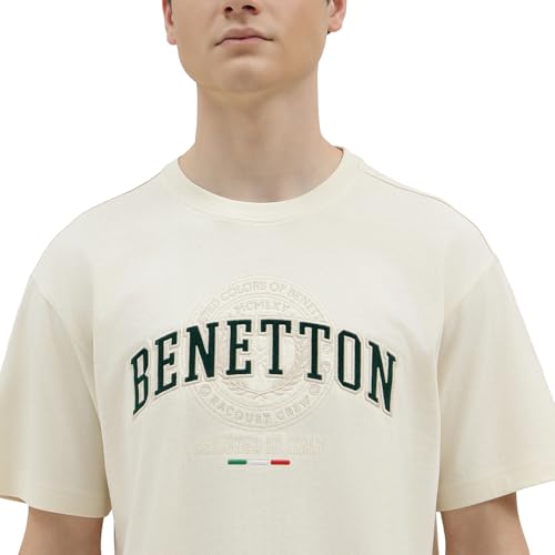 United Colors of Benetton Boxy Fit Round Neck Embroidered T-Shirt (Size : 2XL) - 26P30OEJ3221I074 Cream